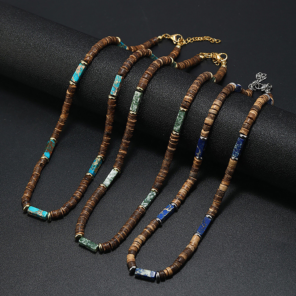 Spot Goods#Bohemian jewelry ethnic style brown coconut shell wood beads natural stone trendy men's n
