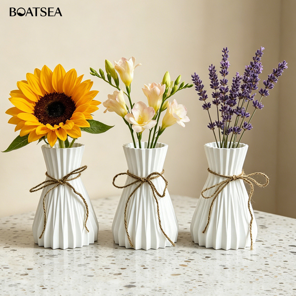 BOH- ทนทาน Non-แจกันแก้วน้ําหนักเบาแจกันดอกไม้สีขาว Ribbed Faux แจกันเซรามิกเชือกปอ Bow – ที่วางดอกไม้ตกแต่งสําหรับห้องห้องนอนห้องครัว – สําหรับช่อดอกไม้