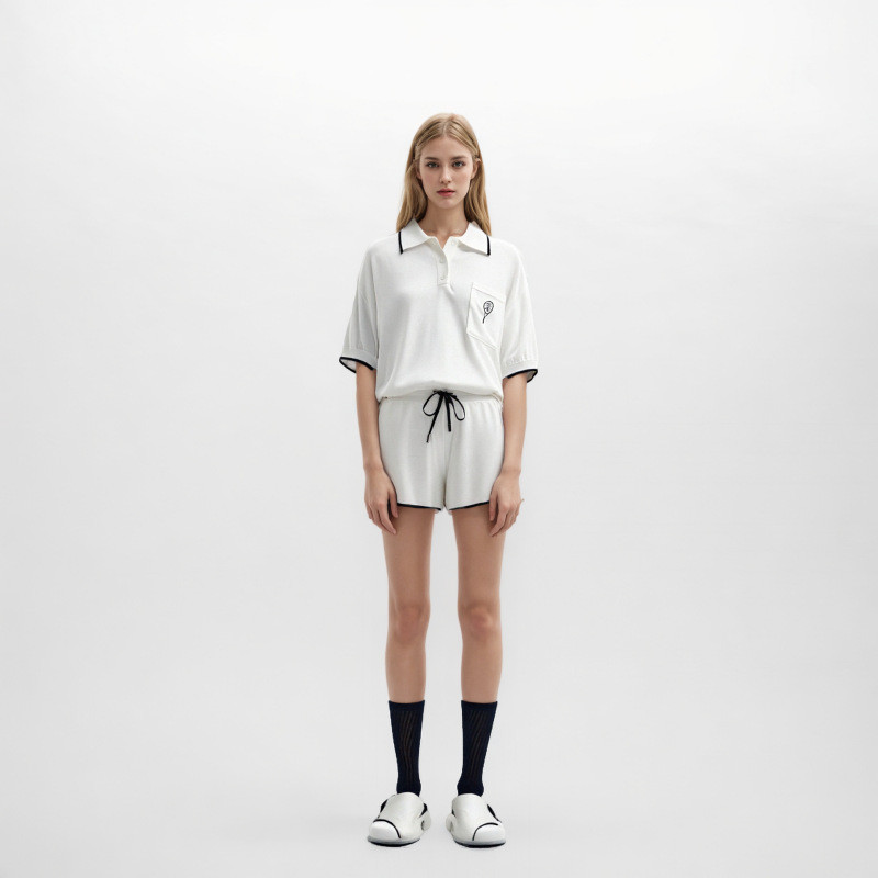 AQBT Old Money Style LP Old Money Style Tencel White Collared Short-Sleeve High-Waisted Shorts Knit 