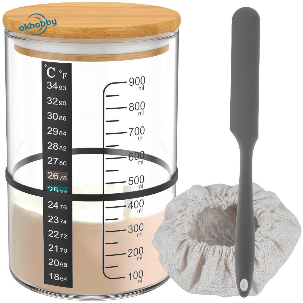 OKHOBBY Sourdough Starter Jar Kit, 900ml Reusable Sourdough Starter Container, ปากกว้างเก็บอาหารแก้ว