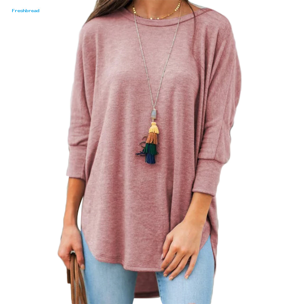 FR * ผู้หญิงลําลองสีทึบ 3/4 แขน O คอไม่สม่ําเสมอ Hem Plus ขนาดหลวมเสื้อยืด