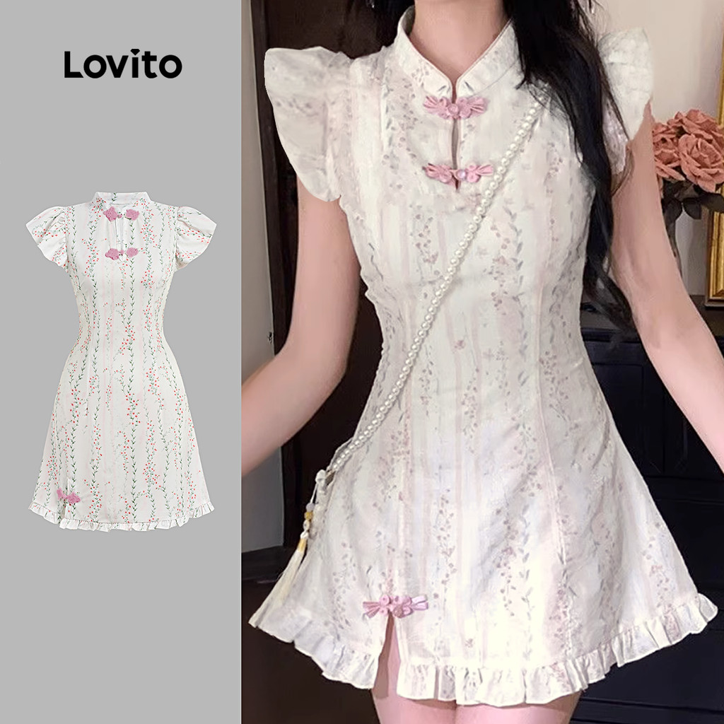 Lovito เดรสสีชมพูสไตล์จีนใหม่สําหรับฤดูใบไม้ผลิ/ฤดูร้อน มีกระดุมและซิป L171ED001