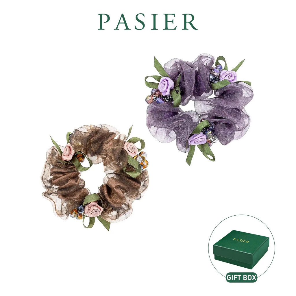 PASIER ยางรัดผมผ้าชิฟฟอนลายดอกไม้ ดีไซน์ในฝันสุดอ่อนโยน พร้อมกล่องของขวัญหรู FB2954
