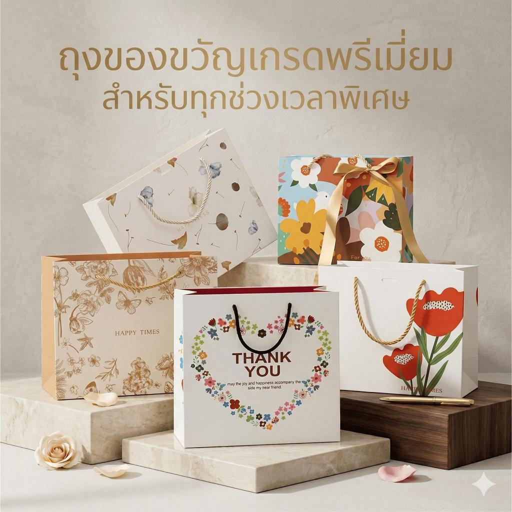 ถุงกระดาษ ถุงใส่ของขวัญ พรีเมี่ยม กระดาษหนา ขนาดใหญ่ ทรงสีเหลี่ยม ถุงกระดาษพิมพ์ลาย
