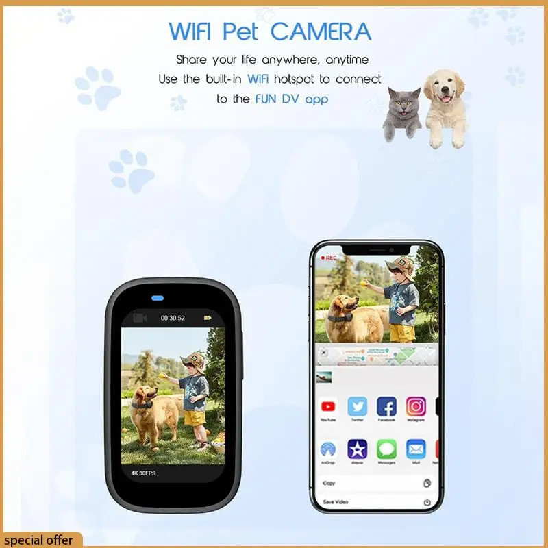 A68z 4k 30hz กล้องปลอกคอสัตว์เลี้ยง, กล้อง Vlog สัตว์ Mini Action กล้องสําหรับ Video Records ปลอกคอส