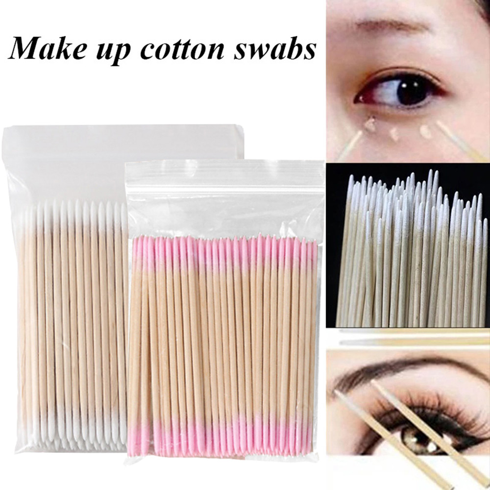 สําลีแต่งหน้าเครื่องมือสักเล็บทําความสะอาด Sticks ไม้ Buds Tip Double Head 100 ชิ้น/ถุง