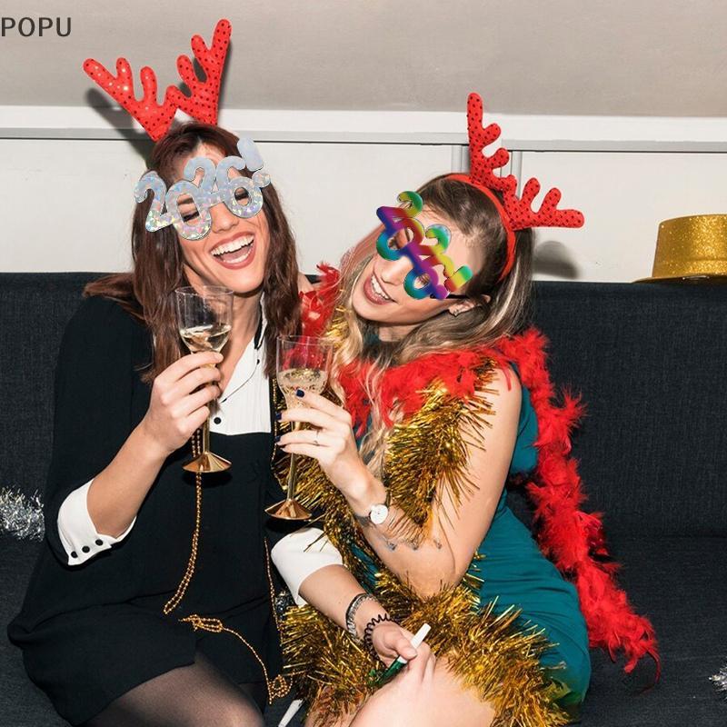 POPU 2026 จํานวนแว่นตาสวัสดีปีใหม่แว่นตา Glitter แว่นตากันแดดคอสเพลย์ Prop Xmas Party ตกแต่งแว่นตาตล