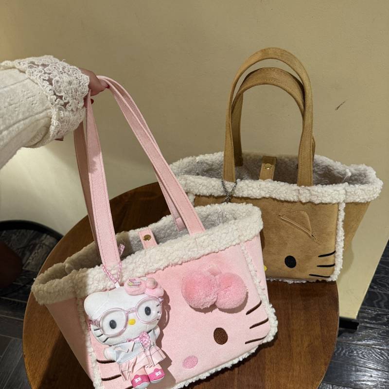 Hellokitty Hello Kitty Bag Pink Suede Stitching Lamb Wool Embroidered Large Capacity Bag Handbags JcSo