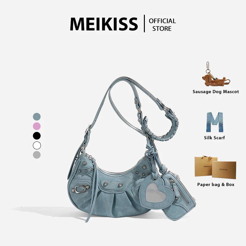 MEIKISS กระเป๋าโฮโบ Y2K สาวเท่ ทรงพระจันทร์ หมุดเงิน พร้อมจี้รูปหัวใจ สไตล์วินเทจใบจิ๋ว
