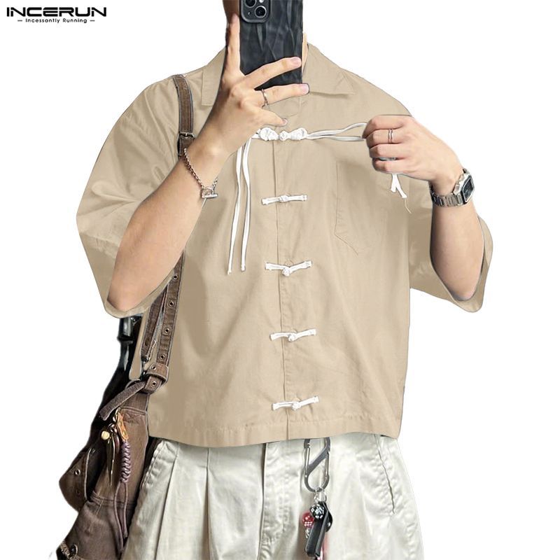 INCERUN ผู้ชายเกาหลีสไตล์แห่งชาติLapel Raglanแขนกบปุ่มออกแบบหลวมสีคมชัดเสื้อ