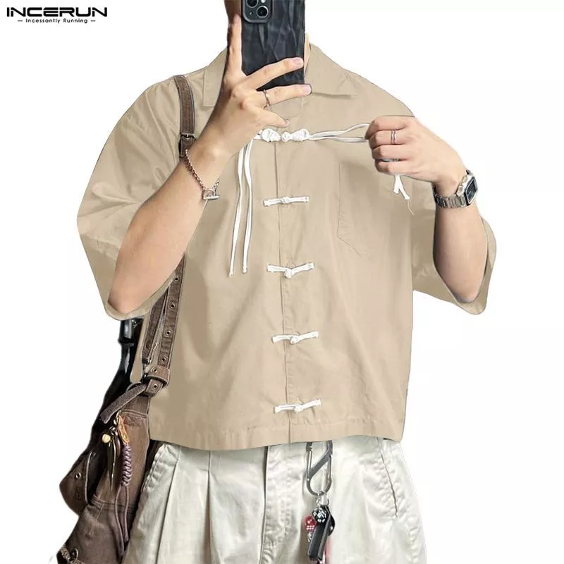 INCERUN ผู้ชายเกาหลีสไตล์แห่งชาติLapel Raglanแขนกบปุ่มออกแบบหลวมสีคมชัดเสื้อ