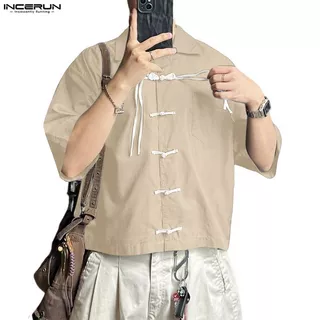 INCERUN ผู้ชายเกาหลีสไตล์แห่งชาติLapel Raglanแขนกบปุ่มออกแบบหลวมสีคมชัดเสื้อ
