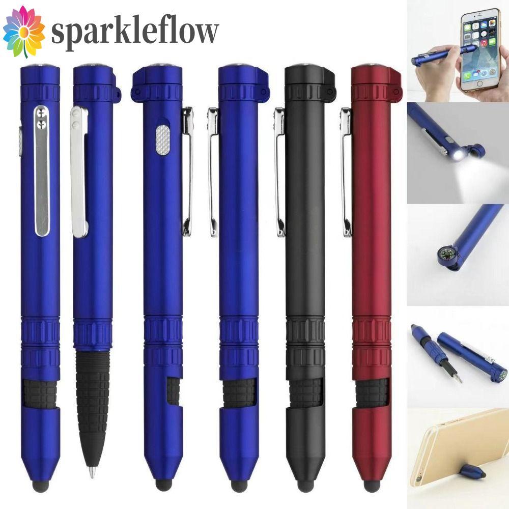 SPARKLEFLOW Multi Function Pen, 6-In-1 ไฟ LED ไฟฉายปากกา,เข็มทิศแบบพกพาผู้ถือโทรศัพท์มือถือปากกาลูกลื่นไขควงปากกากู้ภัย EDC เครื่องมือ