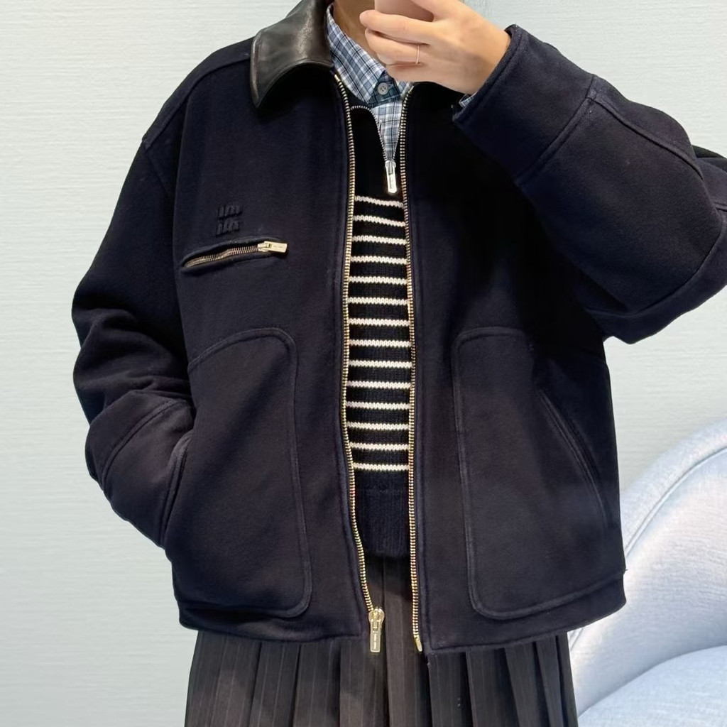 S7YY MM*m1u Leather Collar Woolen Jacket Cotton Coat Unisex Age-Reducing Versatile Design Autumn Win