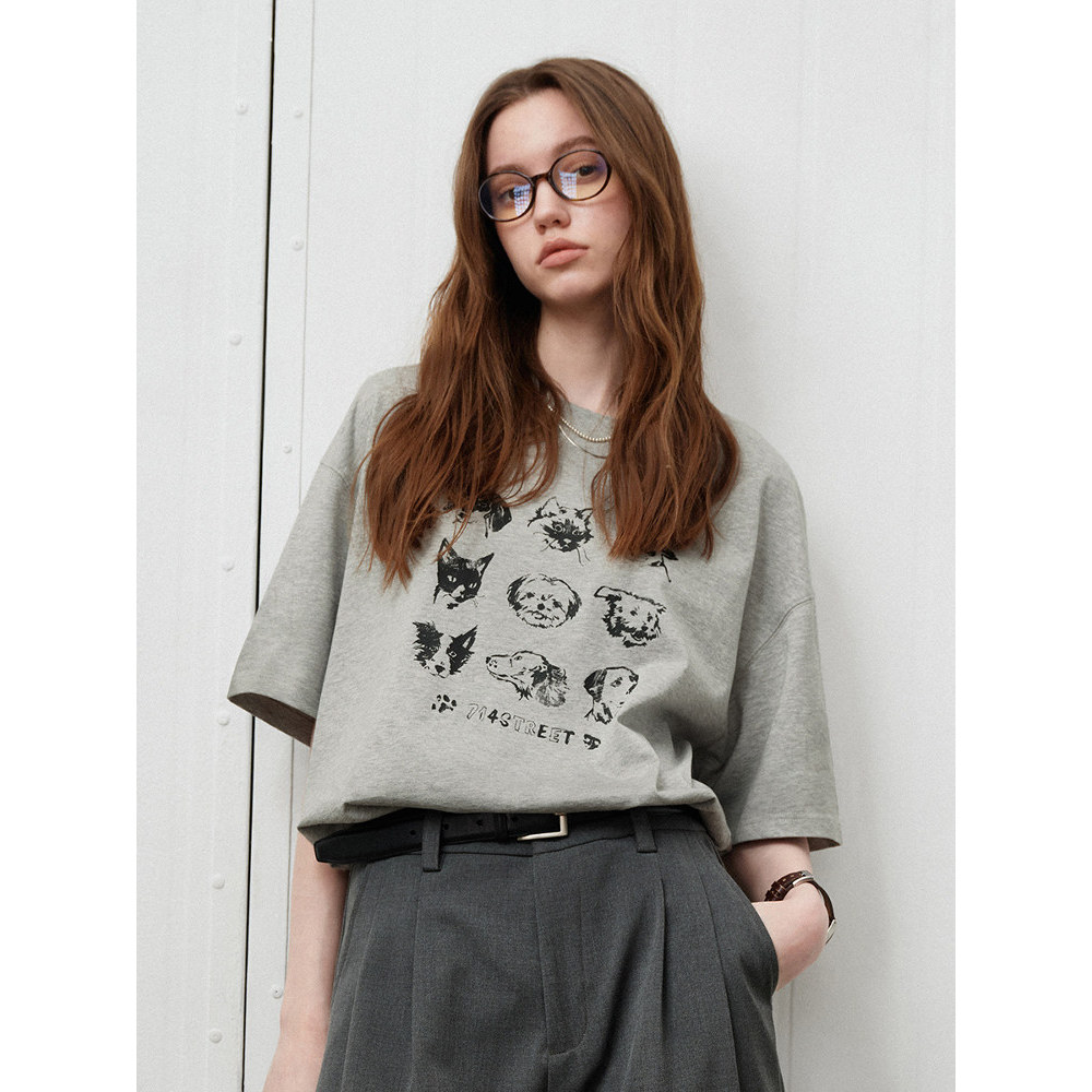 เสื้อยืดผู้ชาย 714street American Retro แบบครึ่งแขน สัตว์พิมพ์ เหมาะสำหรับฤดูร้อน