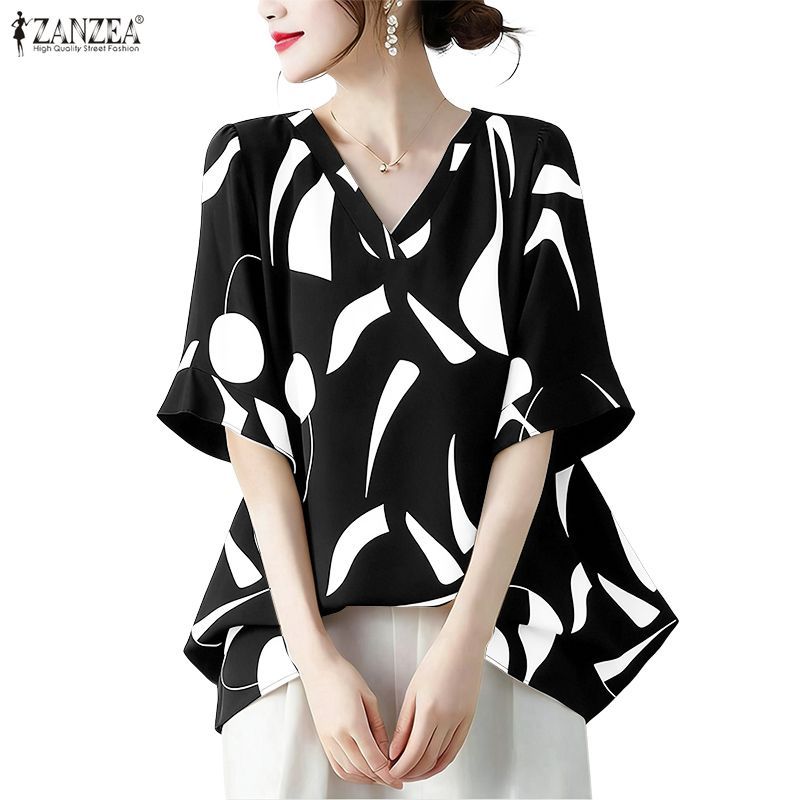 ZANZEA ผู้หญิงเกาหลี Elegant แฟชั่น Lady V คอ Ruffle แขนเรขาคณิตพิมพ์เสื้อชีฟอง — صورة 6