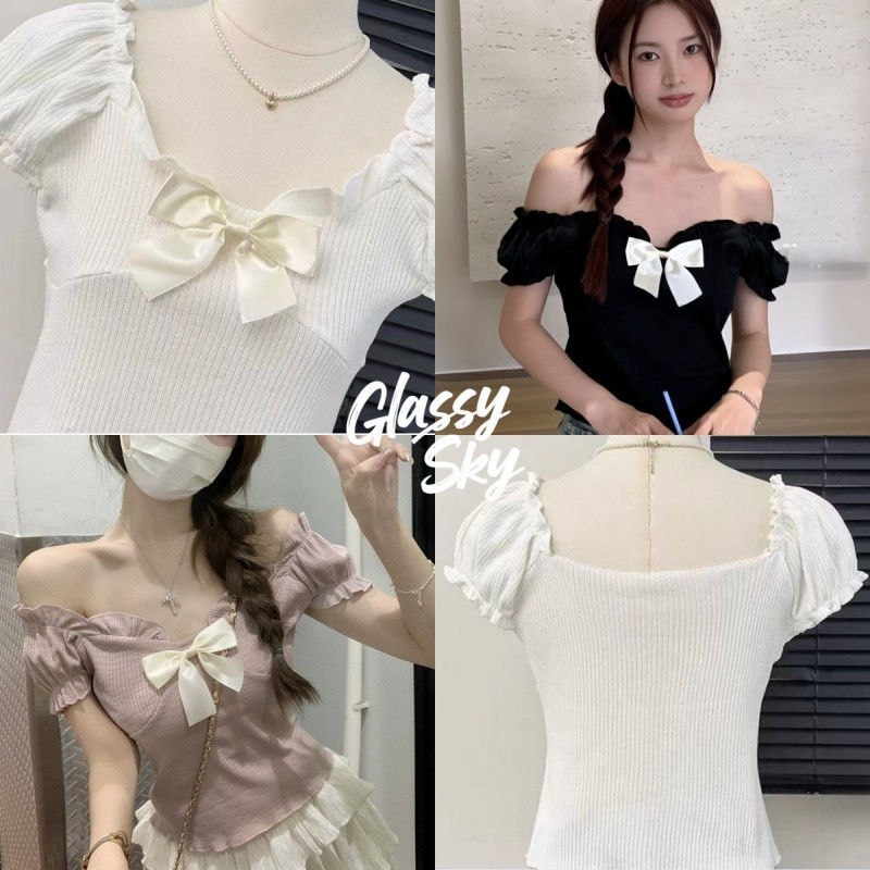 Glassy Sky 💖พร้อมส่ง💖เสื้อไหมพรม แขนสั้น น่ารักที่สุด ดีเทลสีพาสเทล แถวเข็มกัดโบว์ ขอบหยักๆ  เสื้อผ้าแฟชั่นผู้หญิง E342