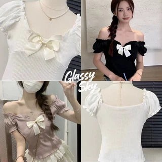 Glassy Sky 💖พร้อมส่ง💖เสื้อไหมพรม แขนสั้น น่ารักที่สุด ดีเทลสีพาสเทล แถวเข็มกัดโบว์ ขอบหยักๆ เสื้อผ้าแฟชั่นผู้หญิง E342