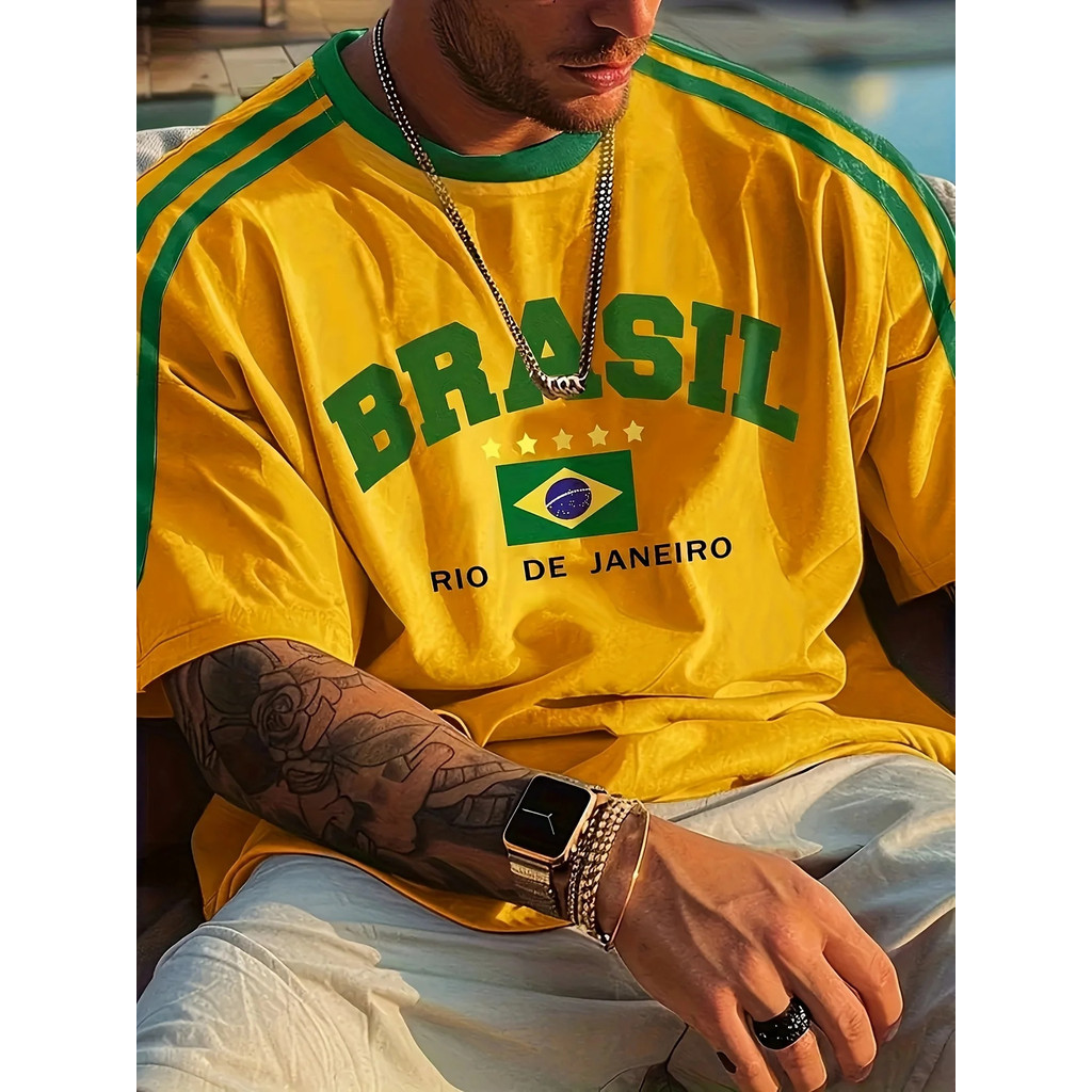 ฤดูร้อน เสื้อยืดผู้ชายพิมพ์ลายบราซิล คอกลม เสื้อยืดลําลองใส่สบายเป็นของขวัญ เสื้อยืดฤดูร้อนแขนสั้นกลางแจ้ง