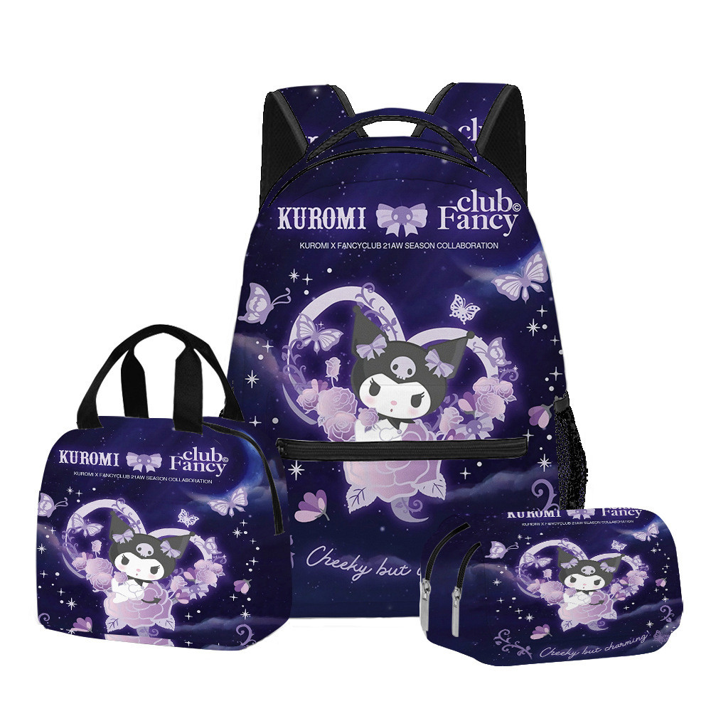 ชุดของใช้นักเรียน 3D แบบพิมพ์ลายจาก Sanrio Kuromi: กระเป๋านักเรียน, กระเป๋าเป้, และถุงอาหารกลางวัน