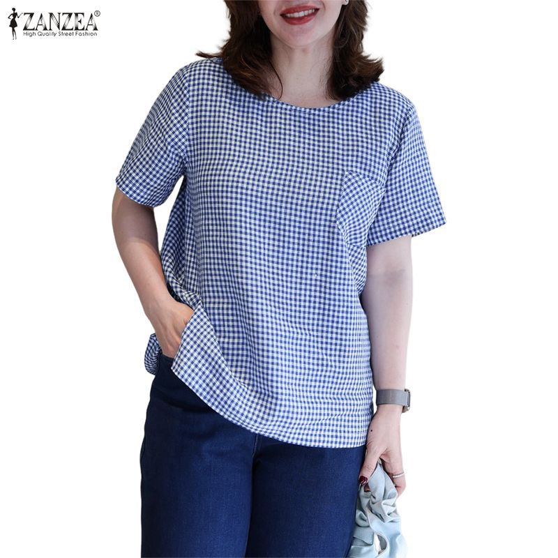 ZANZEA เสื้อลายหมากรุกแขนสั้นคอกลม สไตล์ลำลองสำหรับผู้หญิง