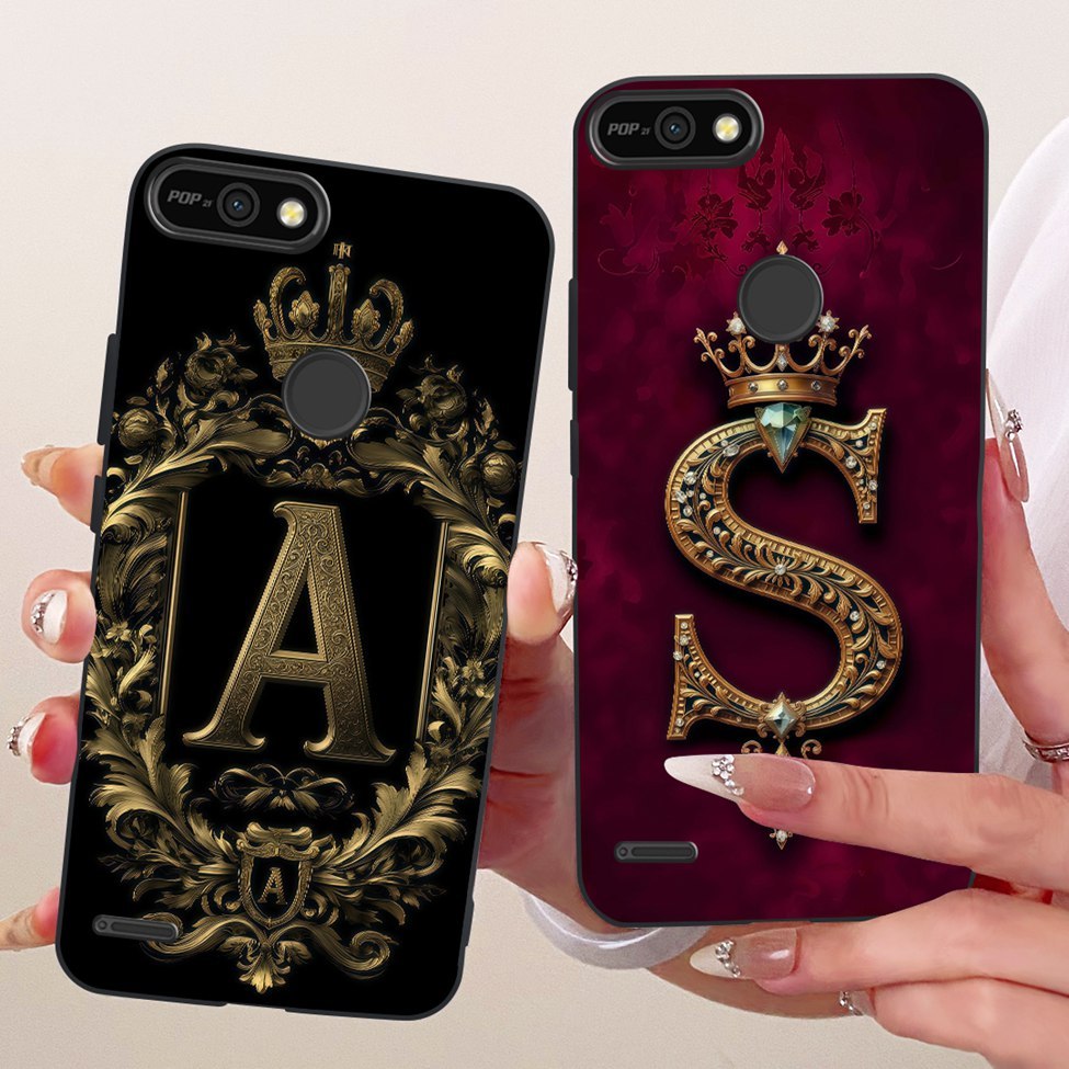 Tecno Pop 2F B1c ฝาครอบ Techno Pop 2F เคสซิลิโคนหรูหรา Crown AZ ตัวอักษร 2D รูปแบบแบนปลอกโทรศัพท์แบบ