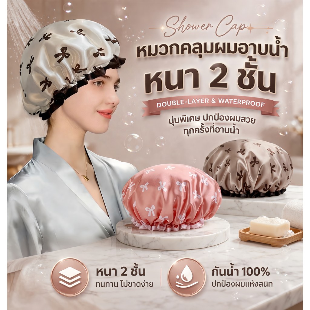 SLEEPWEAR FACTORY หมวกคลุมผมอาบน้ำ หมวกอาบน้ำกันน้ำ หมวกอาบน้ำหนา 2 ชั้น  🚿🧽 กันน้ำ2ชั้น  ใช้ซ้ำได้ W241
