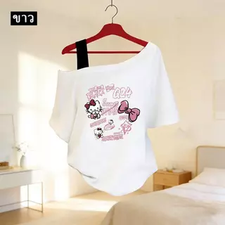 M-3XL Hello Kitty พิมพ์ลายหวาน เสื้อผ้าแฟชั่นตามกระแส เสื้อเชิ้ต T ของสาวอ้วน เสื้อสไตล์อเมริกัน เสื้อผ้าวินเทจหญิงเท่ๆ