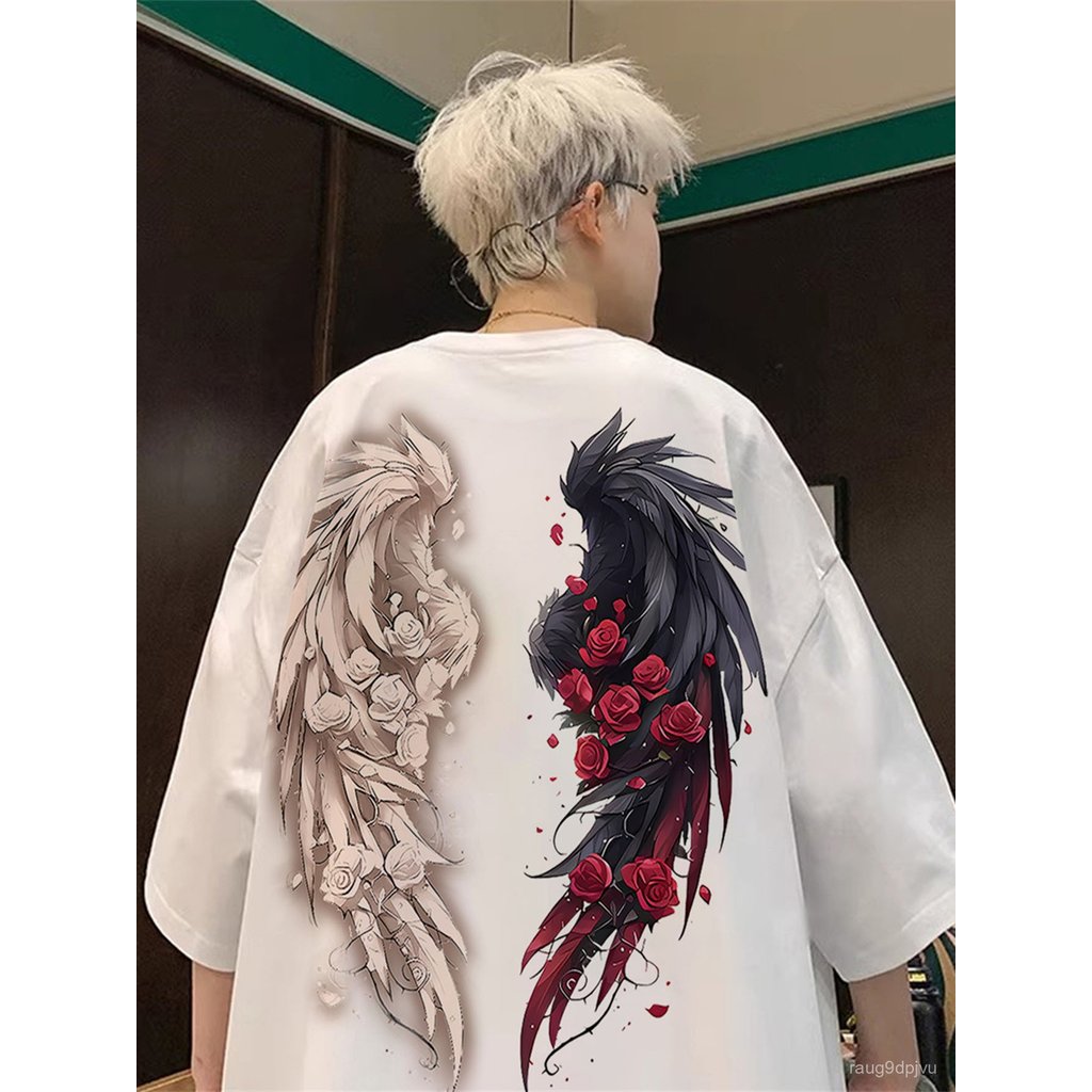 เสื้อยืดแขนสั้นคอตตอนลายปีกกุหลาบสไตล์วินเทจอเมริกัน ไซส์โอเวอร์ไซส์ ยูนิเซ็กซ์ สำหรับฤดูร้อน
