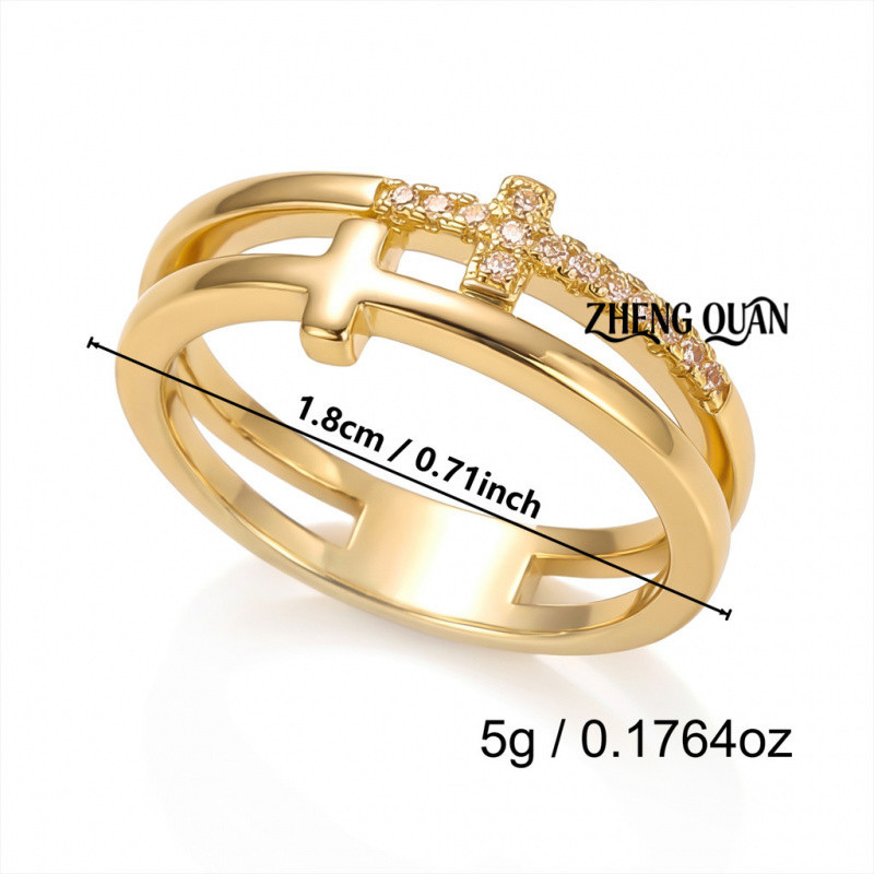 Cubic Zirconia & Gold CopperTrendy Double Layer Cross Ring Stacked Illusion Openwork Pave CZ Wide Band ราคา ถูกที่สุด ดีลบีเคเค แกลเลอรีภาพที่ 9