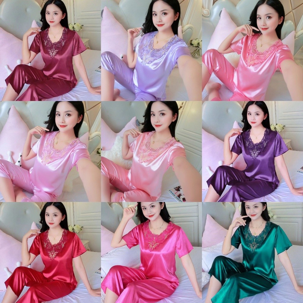 M-4XL ชุดนอนขนาดบวกผู้หญิง V คอสั้นแขนสั้น Saitn ชุดนอนผู้หญิงสีทึบ