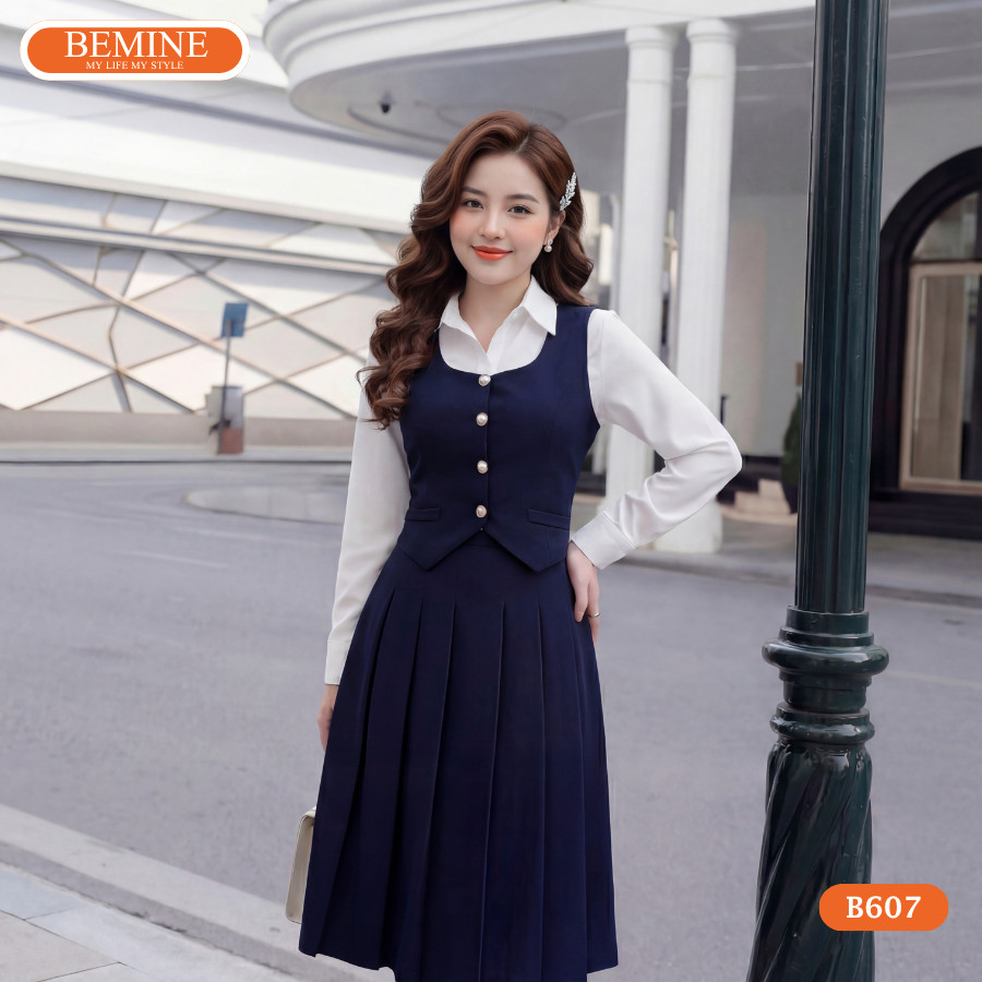 BEMINE เดรสดีไซน์คอปกเชิ้ตและเสื้อชั้นในสตรีเทียมแขนครึ่งทรงเอเหมาะสําหรับทํางาน-B607