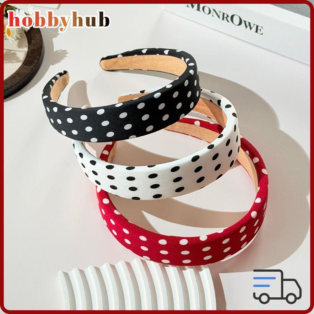 แถบคาดศีรษะ HOBBYHUB, Polka Dot Wide-Edge Girls ยางรัดผม, คลาสสิกสีดําสีขาวฟองน้ําอุปกรณ์เสริมผม Elegant Hairband