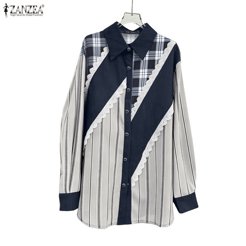 ZANZEA เสื้อแขนยาวสไตล์เกาหลี ดีไซน์ลายสก๊อตและลูกไม้ สไตล์หลวม ๆ — صورة 4