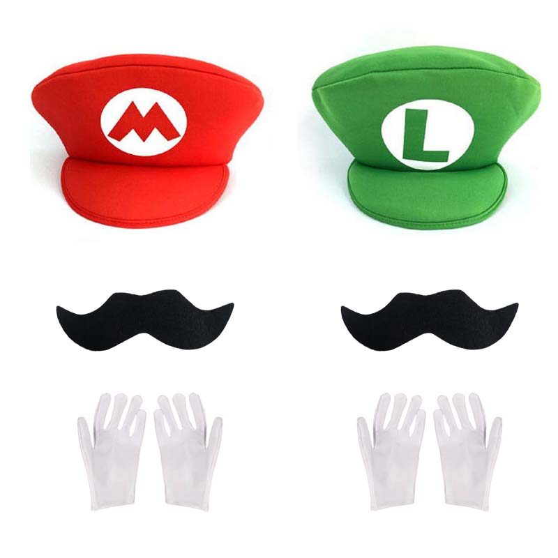 สีแดงสีเขียว Super Bros หมวกชุด Mary Luigy หมวกหนวดถุงมือสําหรับฮาโลวีนคอสเพลย์ Christams