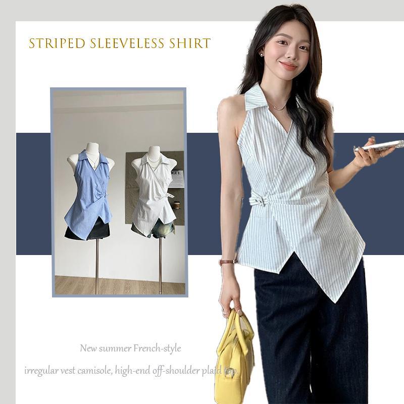 เสื้อเชิ้ตแขนกุดลายทาง คอปกวีหน้า เก็บเอวชายไม่สมมาตรแฟชั่นฝรั่งเศส ไม่เหลือนใคร ผ้าดีงานสวยใส่สบาย 99161