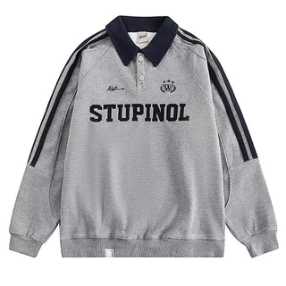 เสื้อโปโลแขนยาว Oversize สไตล์อเมริกันวินเทจ ปักตัวอักษร ลายแถบแขน เสื้อคอปก Streetwear Unisex【COD】