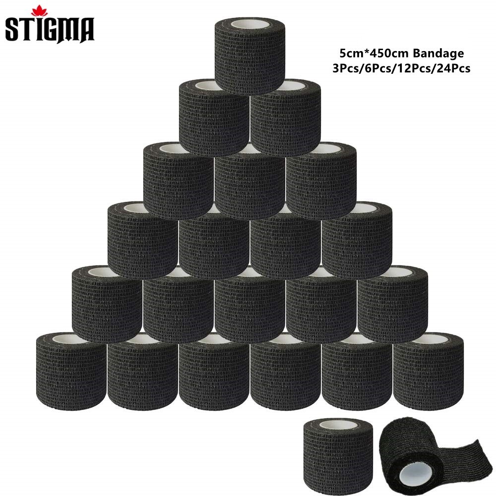 SIGMA 3/6/12 ชิ้นสีดํา Cohesive Tattoo Bandage 5*450 ซม.กันน้ํา Self กาว Grip เทปห่อยืดหยุ่นม้วนสําหรับเครื่องสักอุปกรณ์เสริม