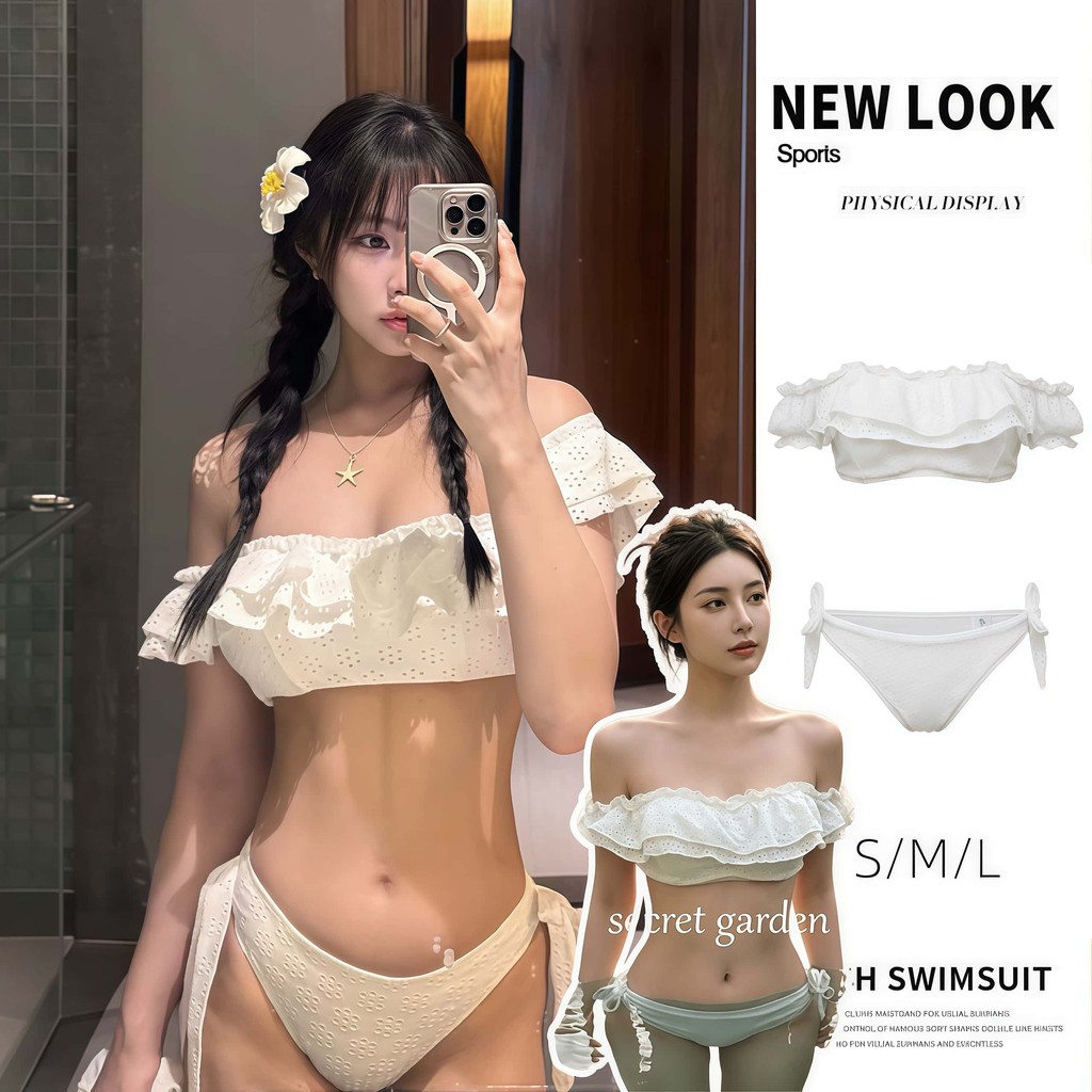 พร้อมส่ง ชุดว่ายน้ำ แฟชั่น ชุดสองชิ้น สีขาว bikini น่ารักและหวาน เปิดไหล่ เว้าหลัง คุณภาพสูง ส่งไวจากไทย