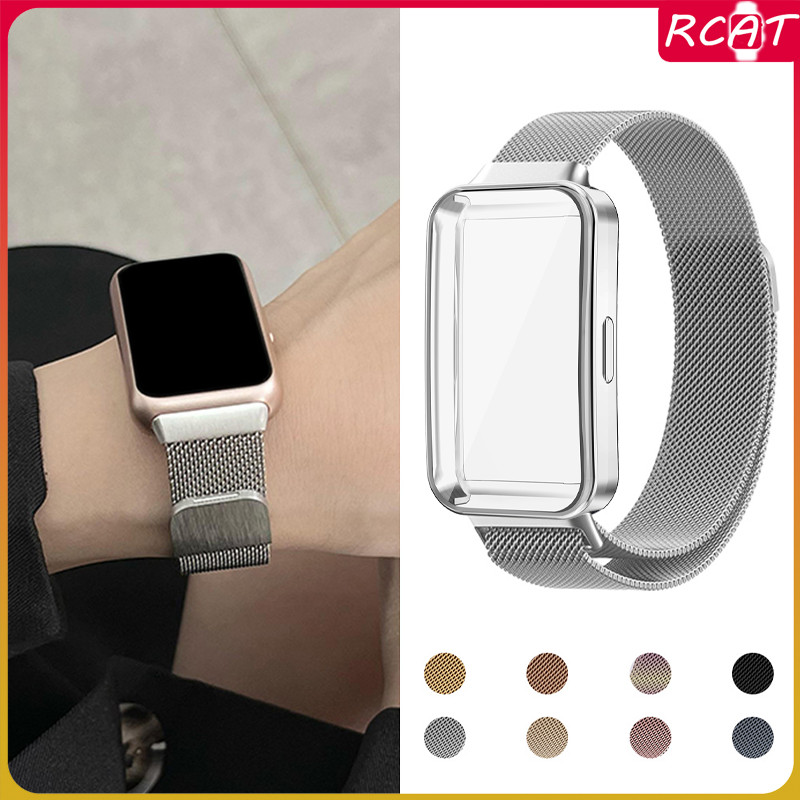 กรณี TPU สายรัดโลหะสแตนเลสสำหรับ for Huawei Band 11/11 Pro/10/9/8 อุปกรณ์ป้องกันหน้าจออ่อนฝาครอบวงแม่เหล็ก
