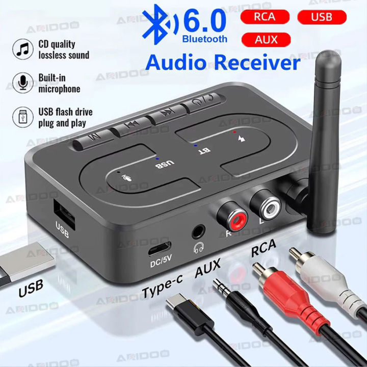 บลูทูธ6.0เครื่องรับสัญญาณเสียง3.5มม. AUX RCA พร้อมไมโครโฟนไฮไฟสเตอริโอตัวรับสัญญาณ WiFi รองรับดิสก์ U USB