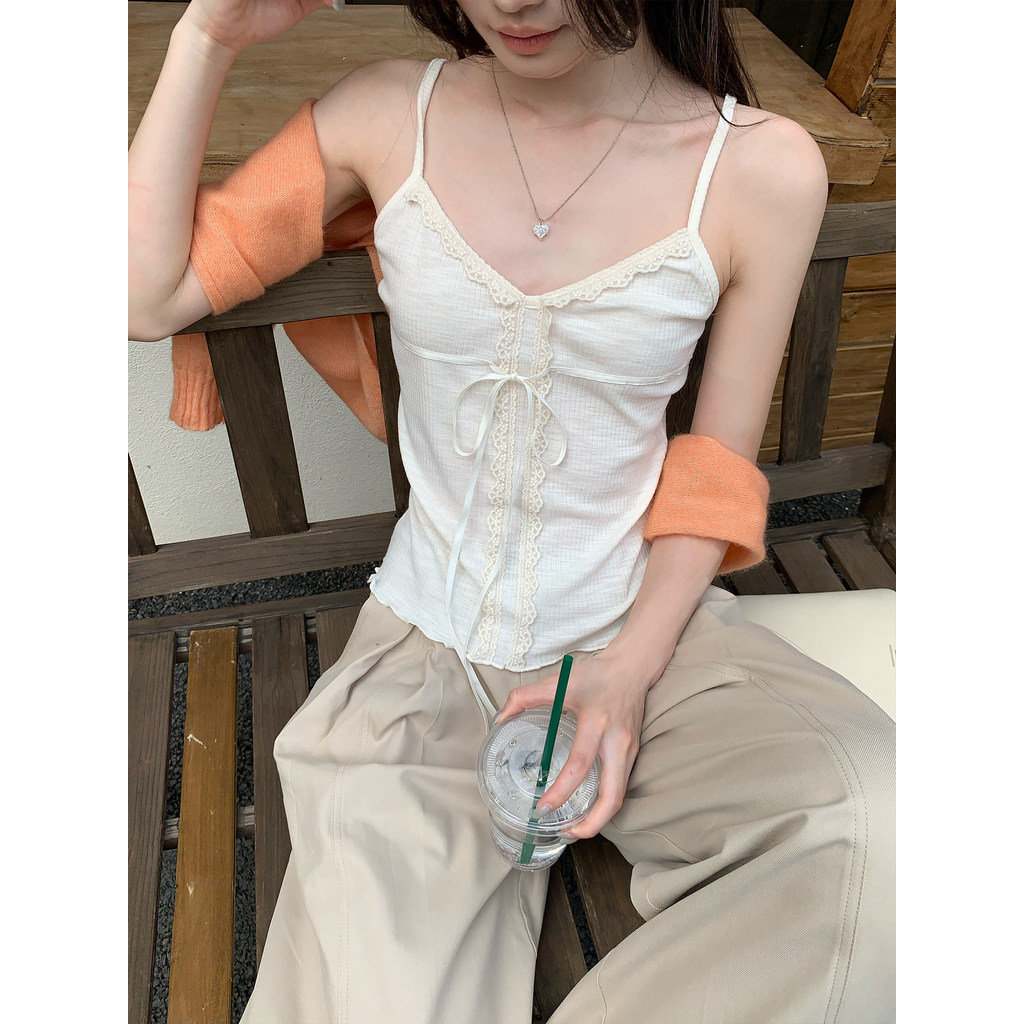 เสื้อกล้าม เสื้อสายเดี่ยว เอสong Zhengen Pure Desire เสื้อกั๊กสายเดี่ยวลูกไม้สีแอปริคอทสำหรับผู้หญิง