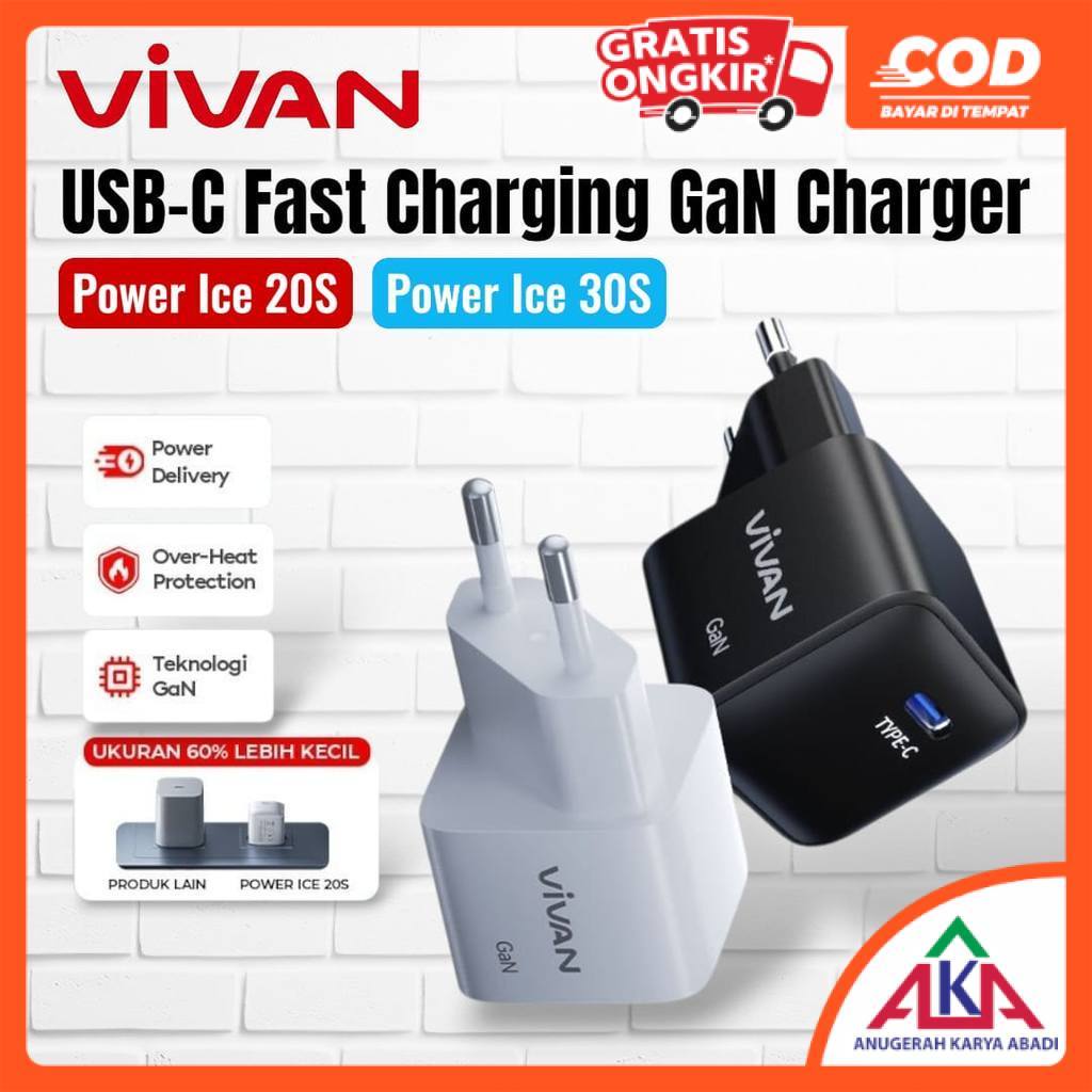VIVAN Power Adapter POWER ICE Mini Charger Head 3A USB Fast / Quick Charging PD 20W / 30W Type-C