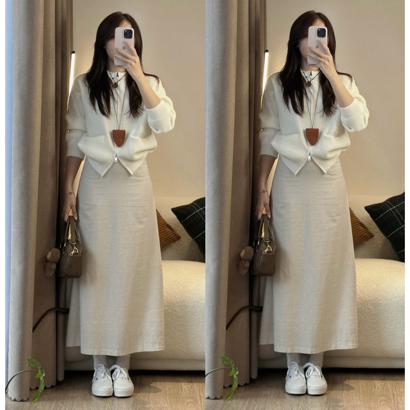 💖ชุดสาวๆต้องซื้อ!💖​ ชุดออกเดทสไตล์วินเทจสุดสวย Lovito - เสื้อเชิ้ตคอบ่าลายสก็อต + กระโปรงยาว LINEN ด