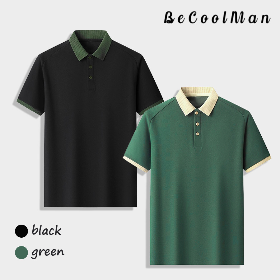 💥BECoolMan💥เสื้อโปโลสีกันผู้ชาย คอปกแบบร่อง แขนสั้น สวมใส่สบาย ระบายอากาศได้ดี เรียบง่าย