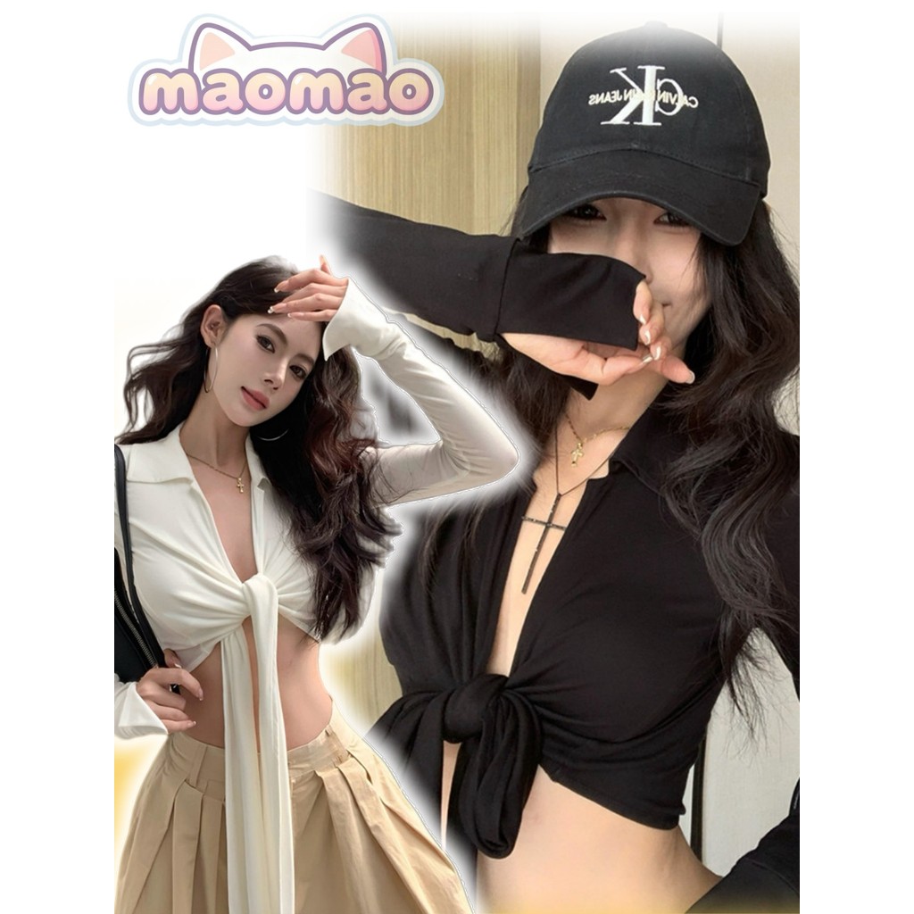 Maomao​💜พร้อมส่ง🌟 เสื้อครอปสั้น แขนยาว คอต่ำ ดีเทลผูกเอวด้านหน้า สไตล์ฝรั่งเศสเซ็กซี่ ชุดออกเดท เสื้อ FY2989