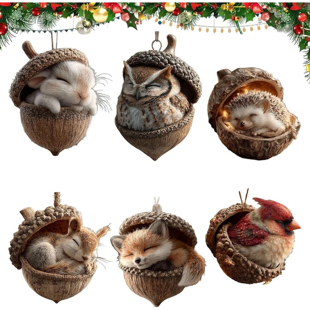 6 ชิ้นสัตว์ป่า Acorn เครื่องประดับ - Cozy Forest เครื่องประดับคริสต์มาส (NOT 3D), 2026 ใหม่ Pine Con