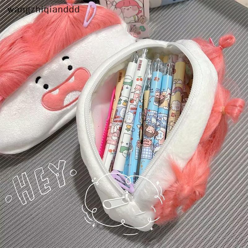 Hot Pink Hair Funny Big Capacity Plush Pencil Bag Creative Cartoon Big Mouth Girl Pens Storage Case 