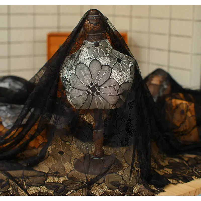 1.5m wide handmade diy fabric soft black flower lace fabric wedding dress curtain tablecloth fabric