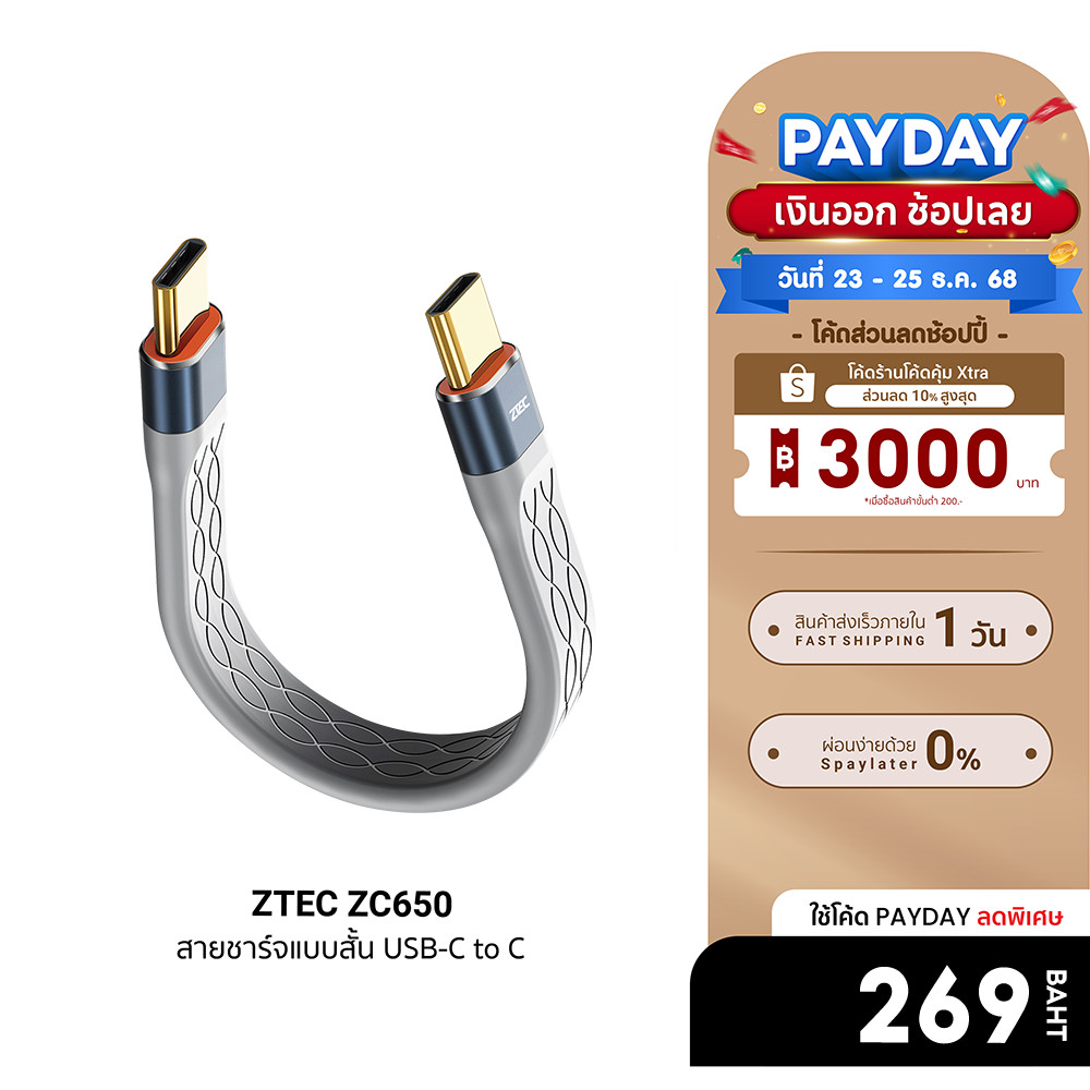 [ลดเหลือ 269] ZTEC ZC650 สายชาร์จแบบสั้น USB-C to USB-C Thunder 4/3 , USB 4 เชื่อมต่อภาพ 8K -24M